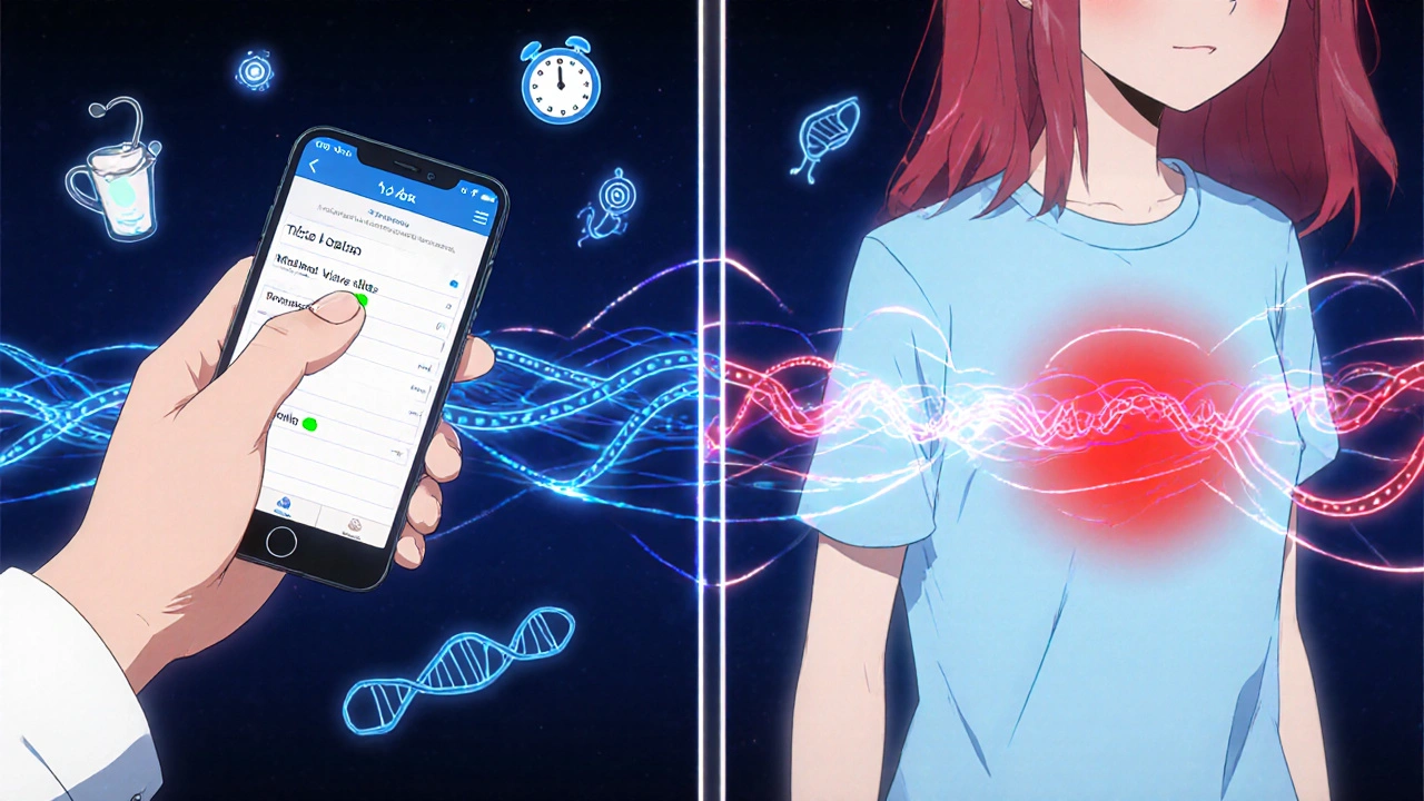 A smartphone logs a rash with a glowing timeline linking it to medication timing.