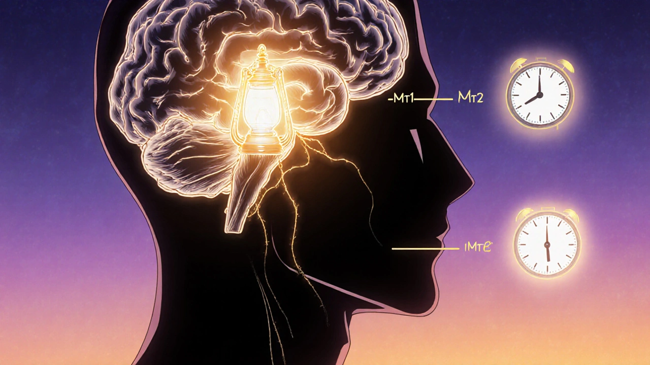 An anatomical anime-style brain showing the pineal gland emitting light to the suprachiasmatic nucleus, with clock and thermometer symbols.