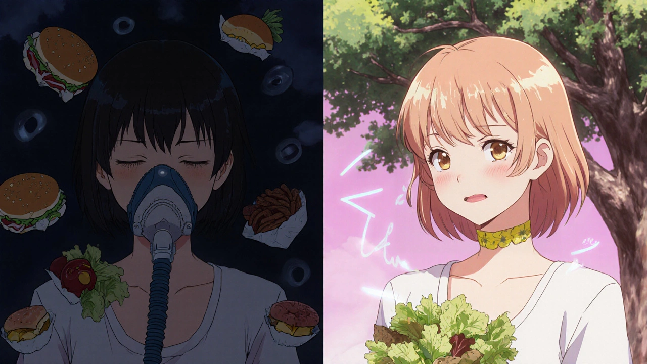 Before and after anime-style comparison of a woman with sleep apnea, showing weight loss and reduced CPAP pressure.