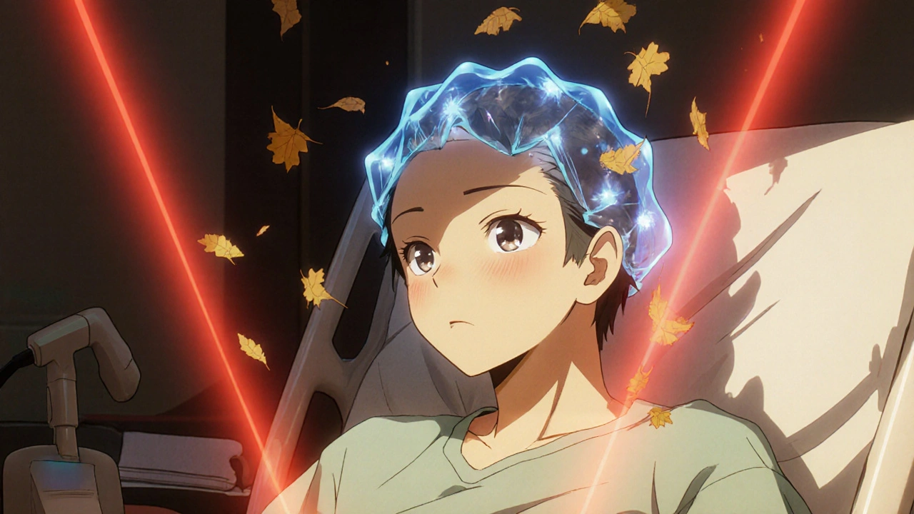 Chemotherapy patient with scalp cooling cap, hair falling in slow motion around them.