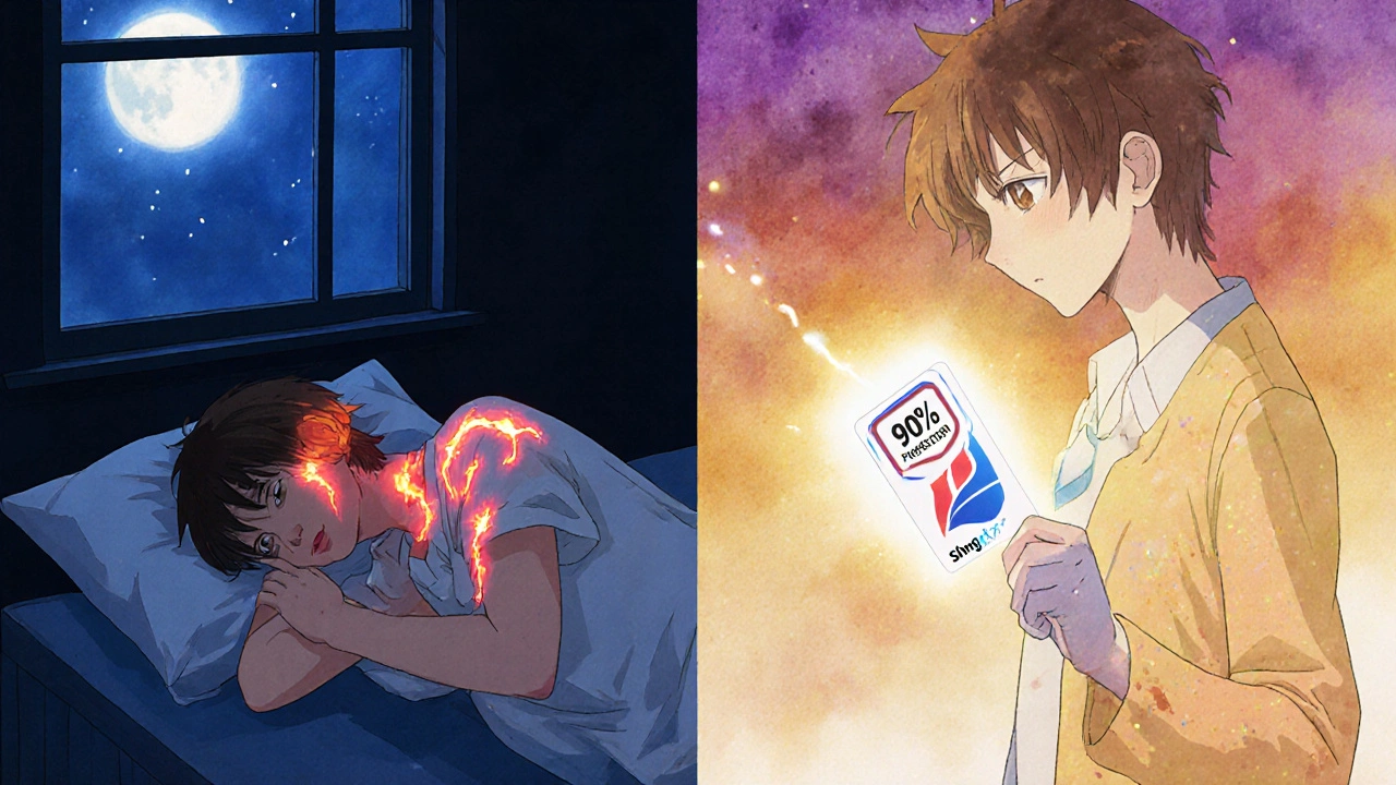 Contrasting scenes of shingles suffering versus healthy life after vaccination