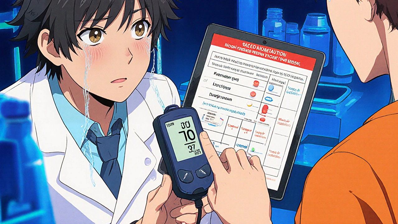 Diabetic patient and pharmacist identifying a dangerous drug interaction on a digital chart.