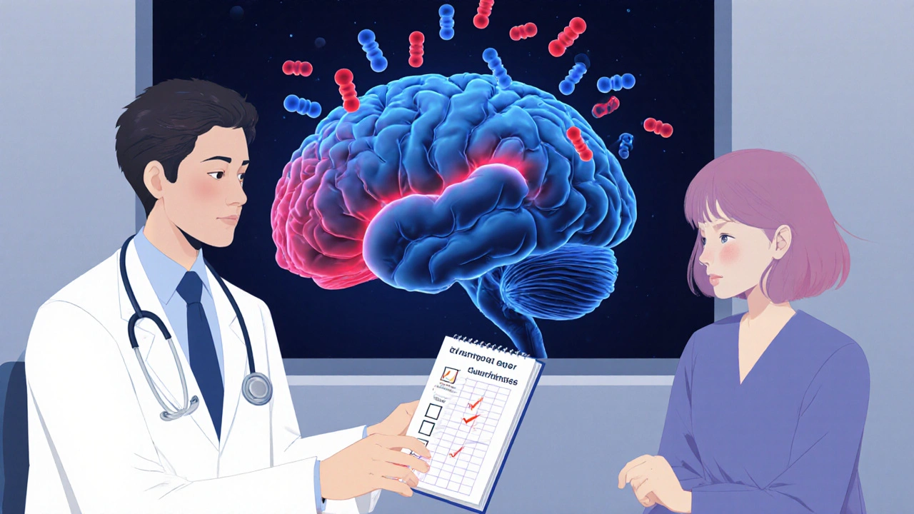 Doctor and patient in clinic discussing sleep issues, with animated brain showing how different statins interact with sleep centers.