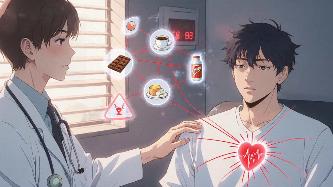 Doctor comforts patient surrounded by ghostly caffeine sources linked to a racing heart.