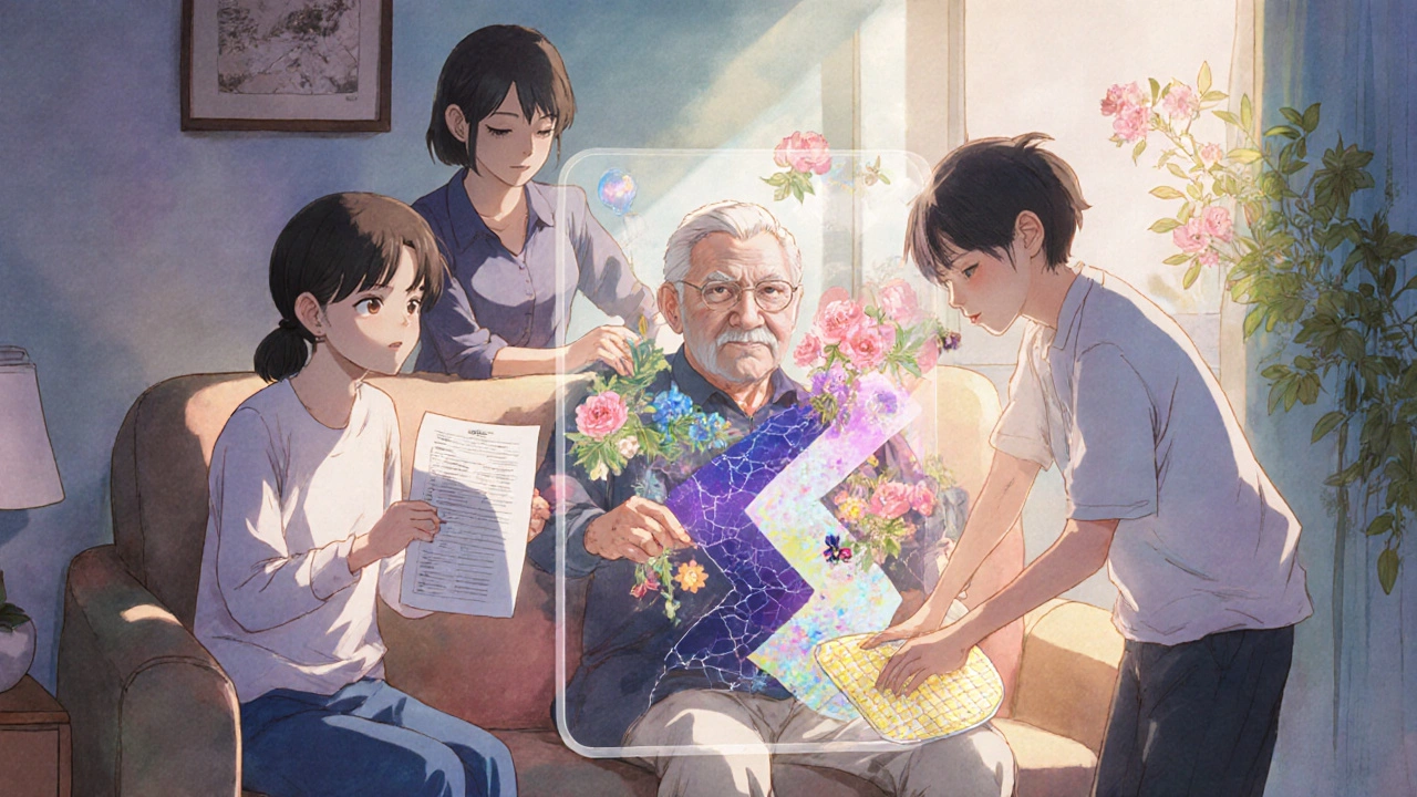 Family supporting elderly grandfather with home safety adjustments and health monitoring.