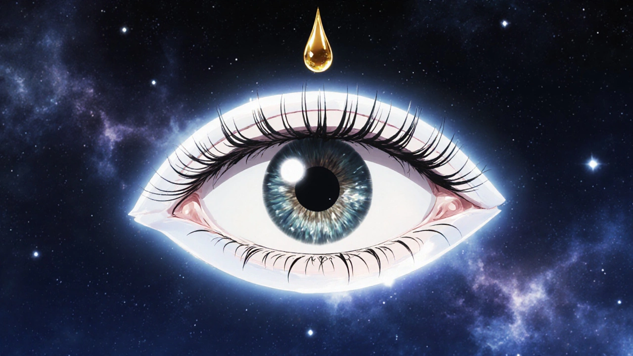 Glowing eye with golden drop transforming lashes and iris, glaucoma damage fading into light.