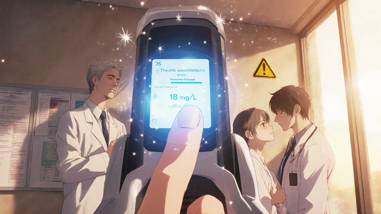 Handheld device scanning a fingertip to display safe theophylline levels, patient and doctor sharing a relieved moment.