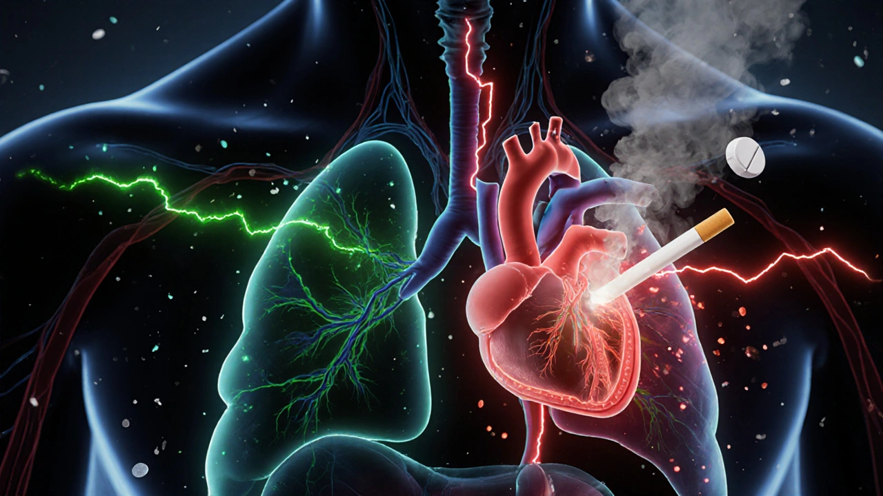 Internal body map showing safe vs toxic theophylline flow, with red lightning striking the heart and cigarette/antibiotic symbols.