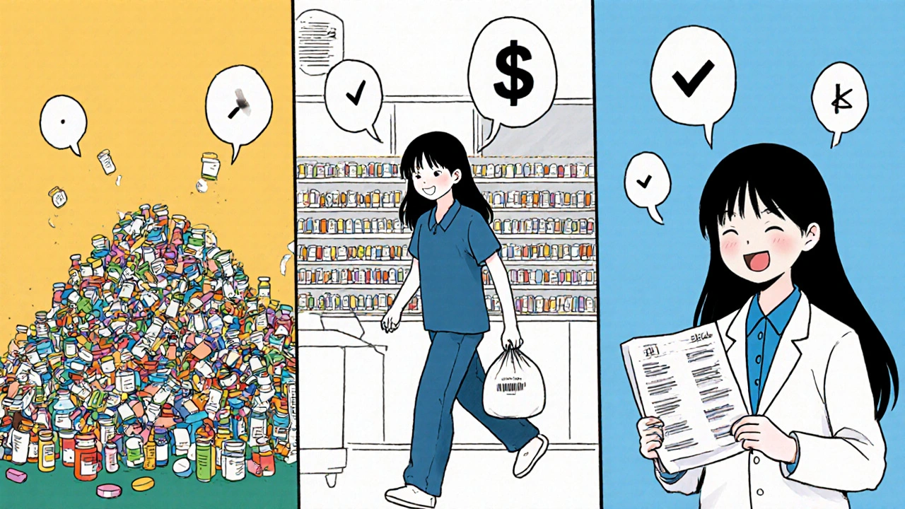 Manga-style panel showing a patient&#039;s journey from overwhelmed to empowered with medication management.