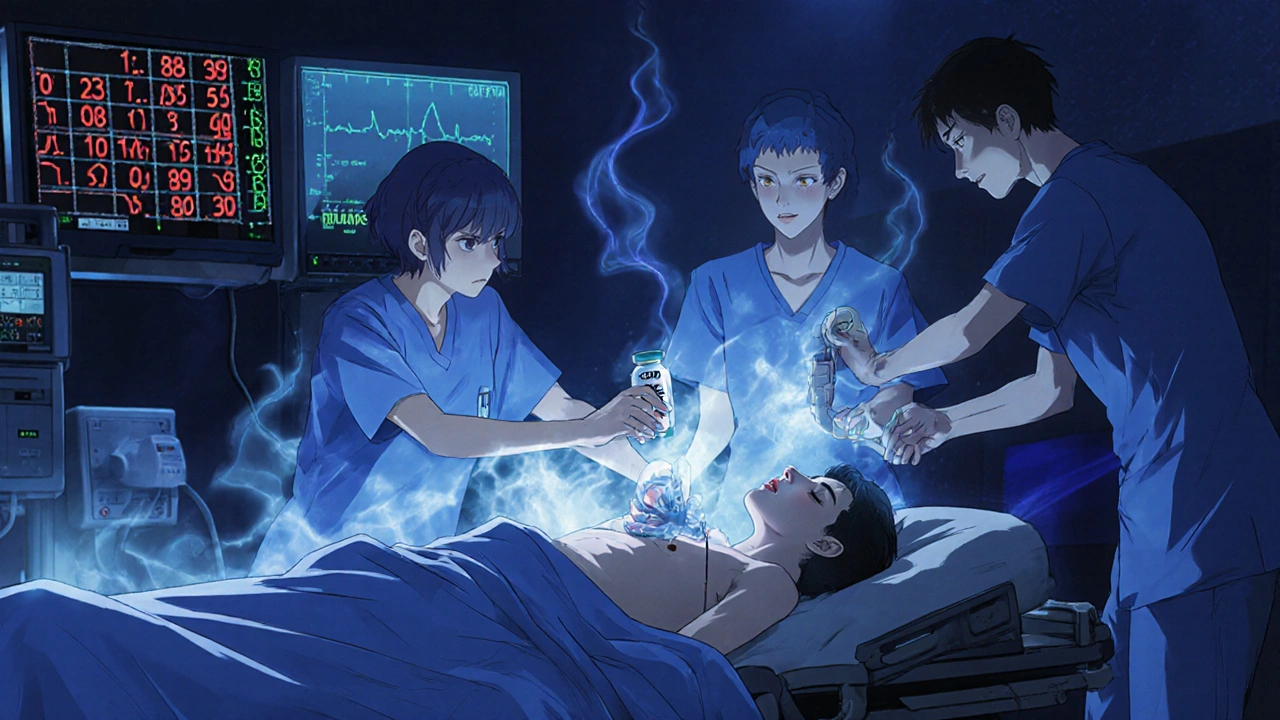 Medical team in ER treating patient with slow heart rate, IV thyroid hormone, glowing blood test results.