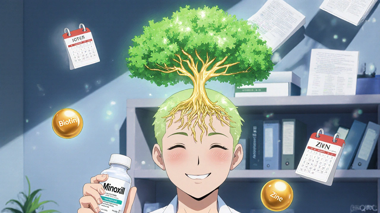 Patient applying minoxidil as glowing hair roots sprout from scalp in a dermatologist&#039;s office.