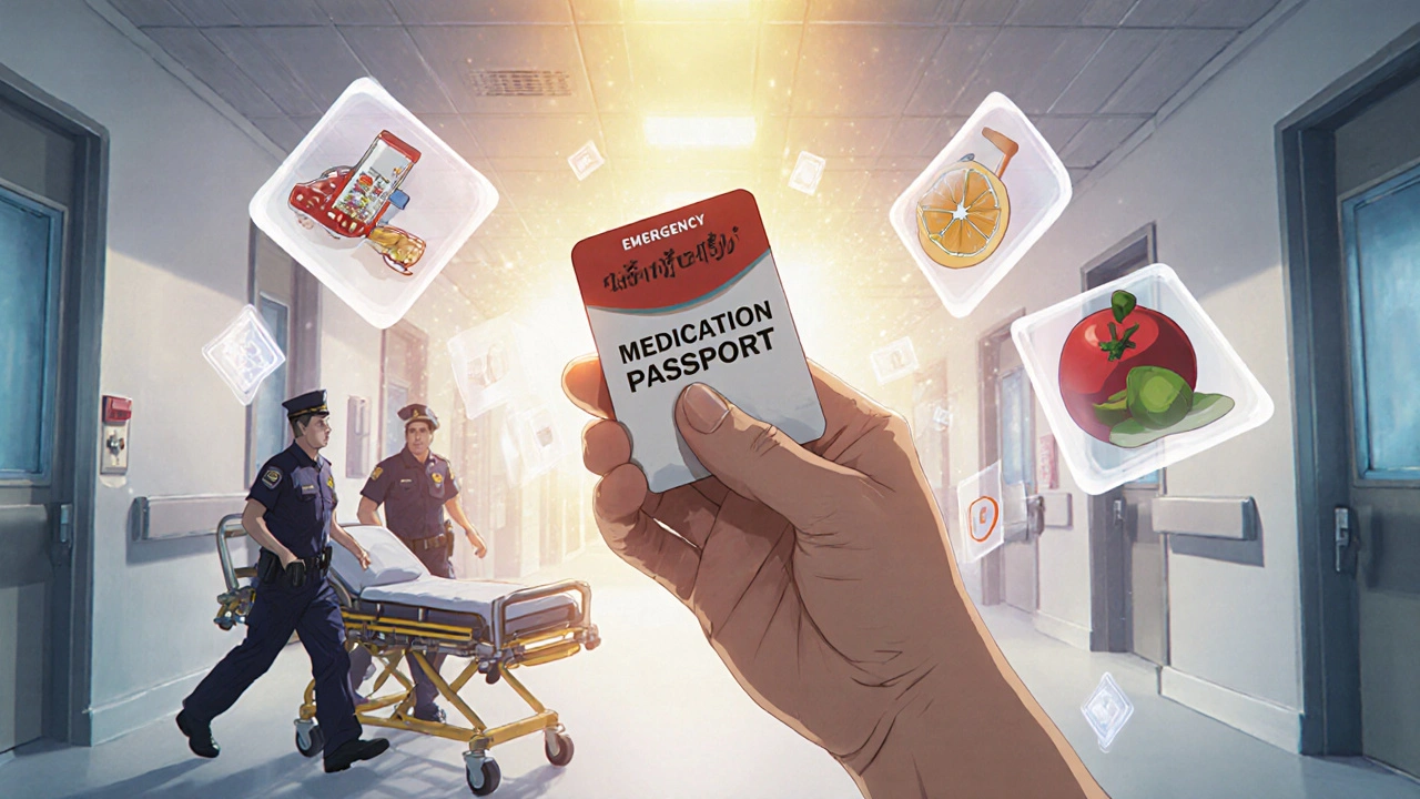 Person holding a medication passport card in an emergency room with floating drug interaction icons.