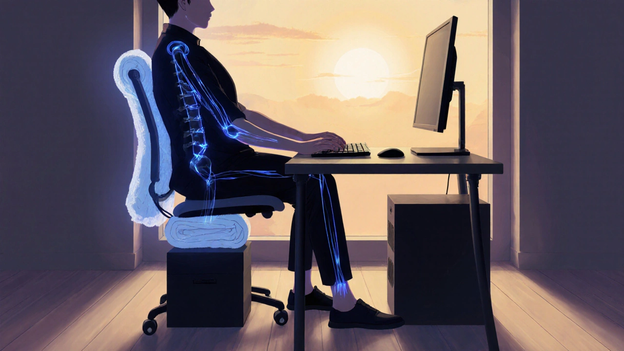 Person with perfect posture at ergonomic desk, monitor at eye level, vertical mouse, rolled towel lumbar support.