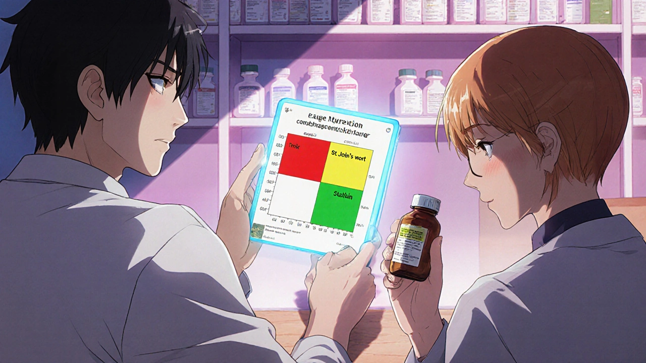 Pharmacist showing a color-coded drug interaction checker to a patient holding supplements.