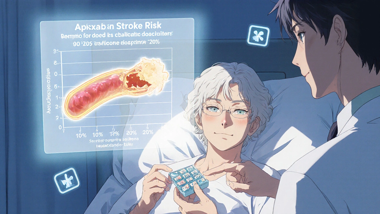 Senior woman taking apixaban with a medical chart showing reduced stroke risk compared to aspirin.