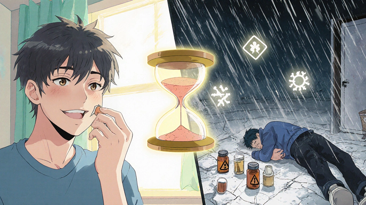 Split image: healthy man taking pill vs. collapsed man in storm, hourglass draining with warning icons.