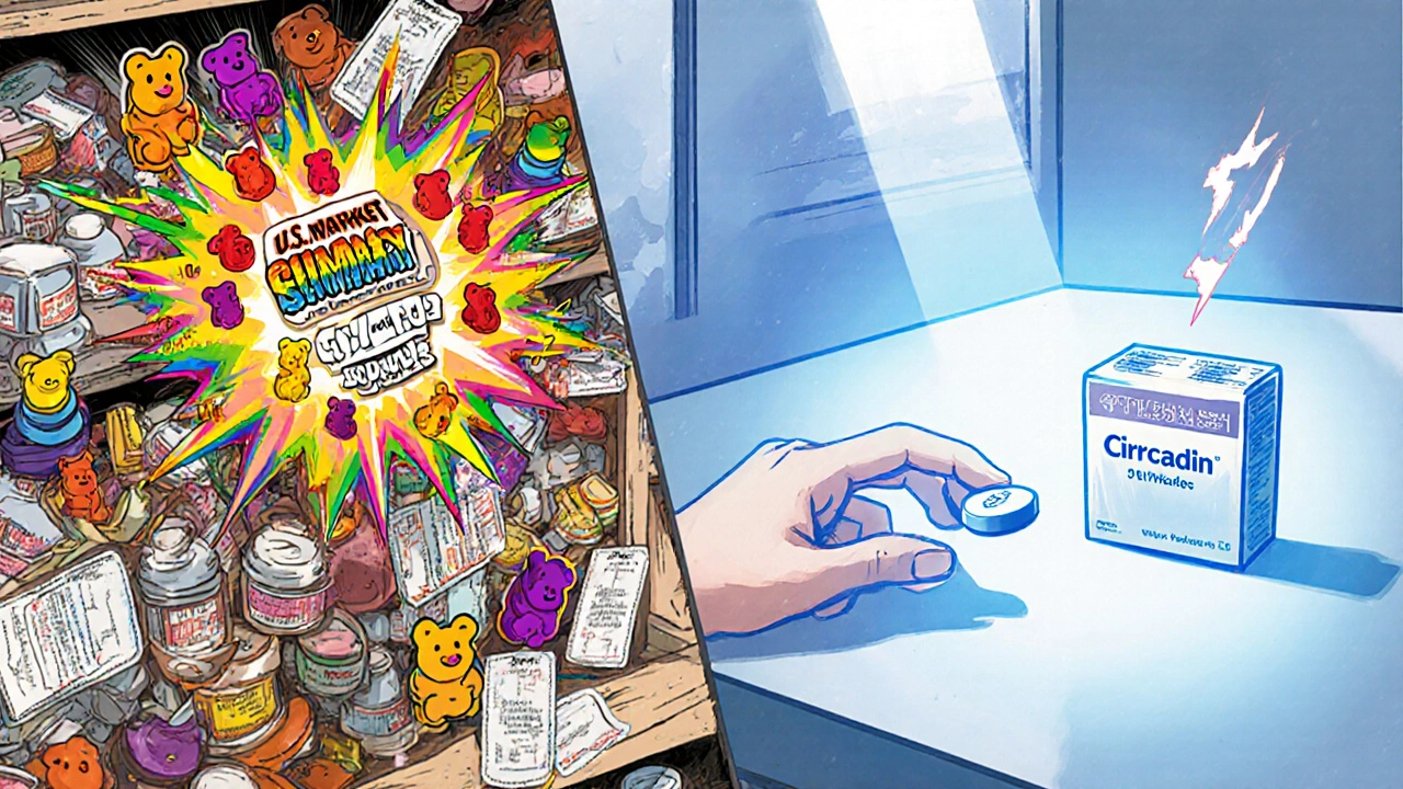 Split manga scene: chaotic gummy melatonin bottles on one side, a single small regulated tablet on the other, with sunlight in the center.