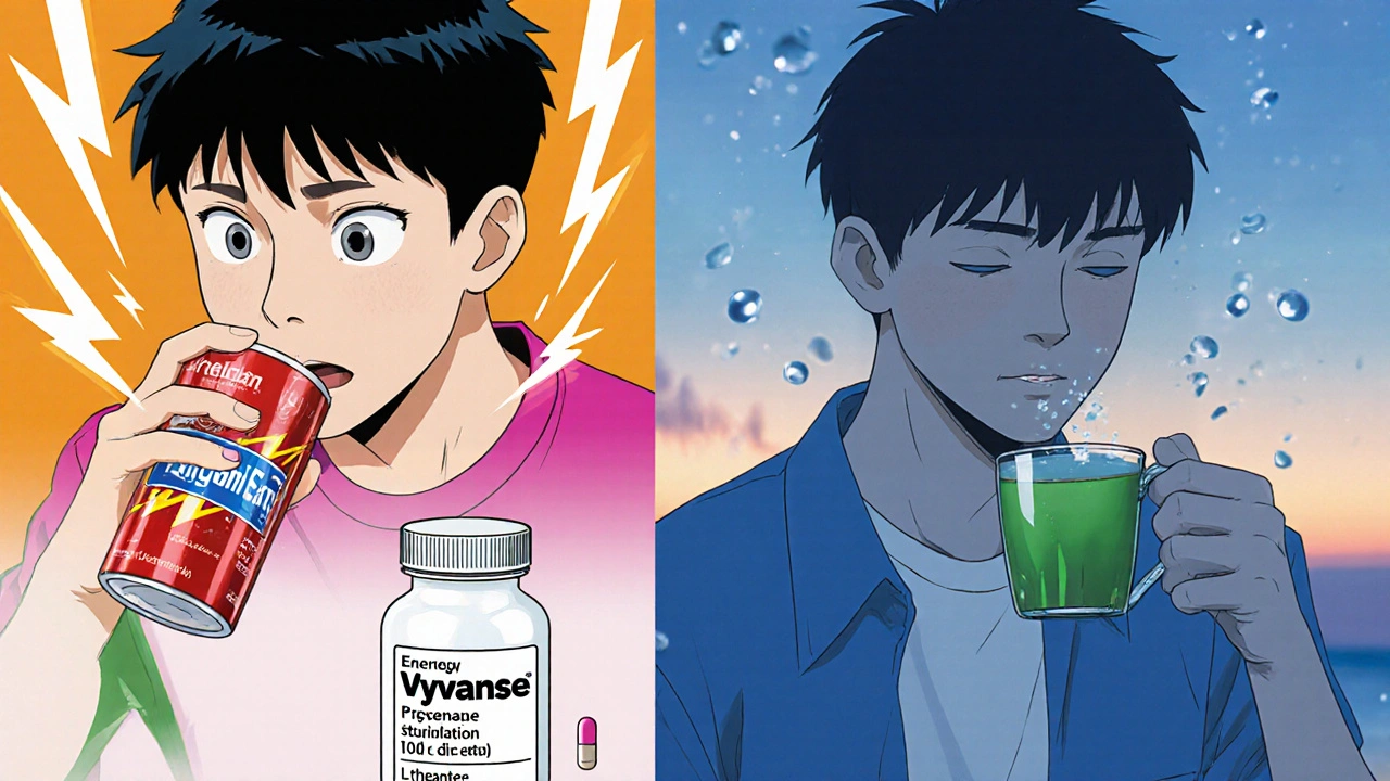 Split scene: teenager with energy drink and anxiety vs. same person calm with green tea and L-theanine.