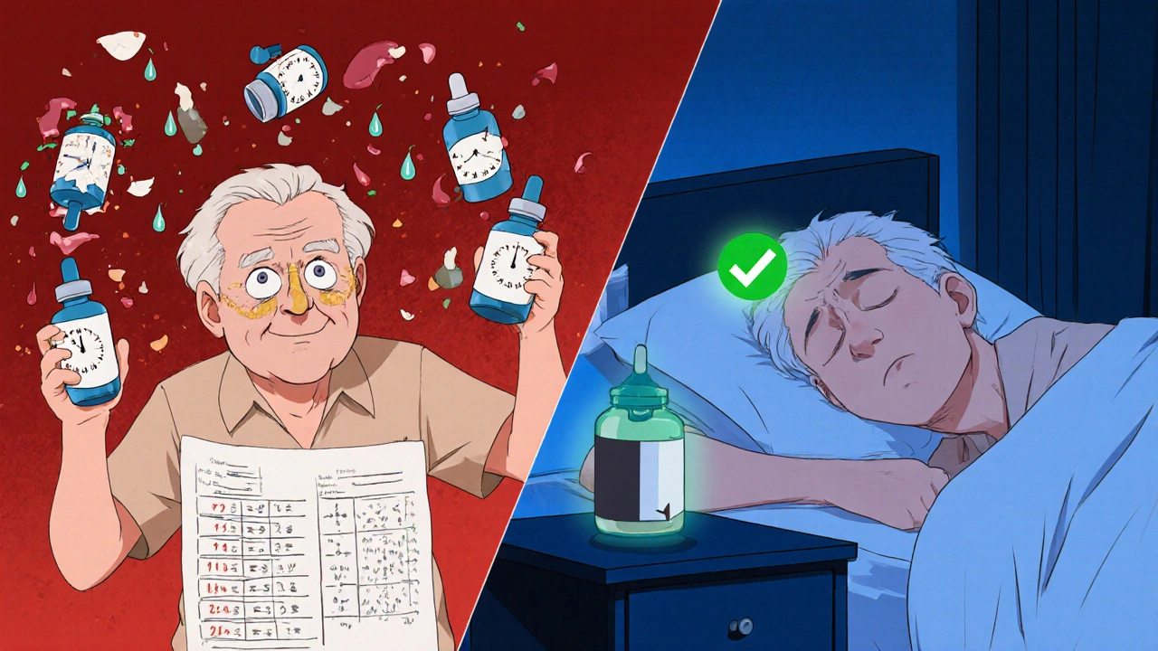 Split-screen: chaotic multiple eye drops vs. simple single drop routine for glaucoma.