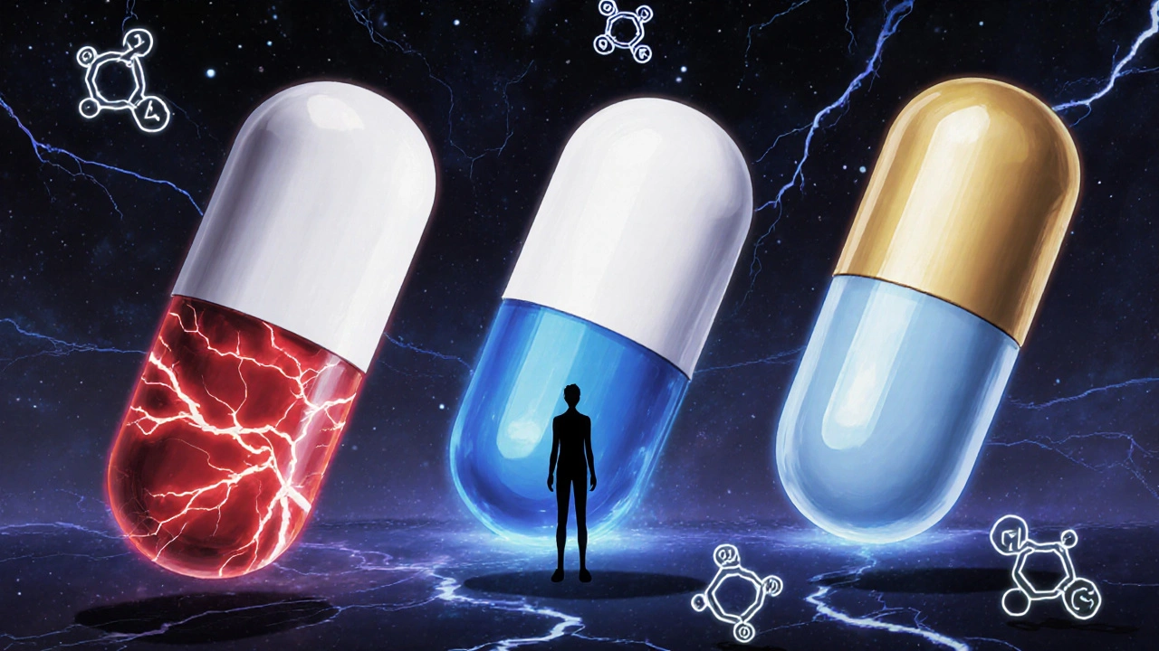 Three opioid pills floating in space — red ones dangerous, blue ones safe — with neural pathways and calming light.