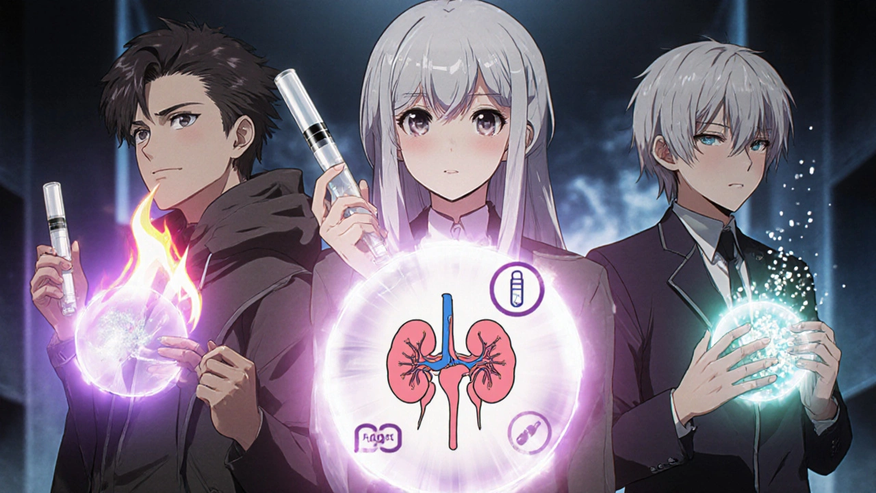 Three people representing different diabetes meds, each with unique glowing effects: weight loss, heart/kidney protection, and fading carbs.