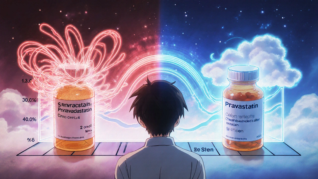 Two statin medication bottles side by side, one emitting chaotic energy and the other calm waves, affecting a sleep graph.