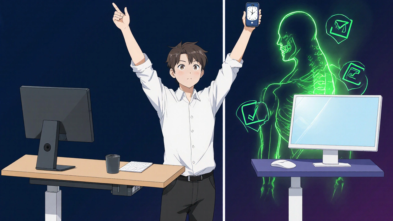 Worker stretching at standing desk, phone alarm set, with before-and-after visual glow of improved posture.