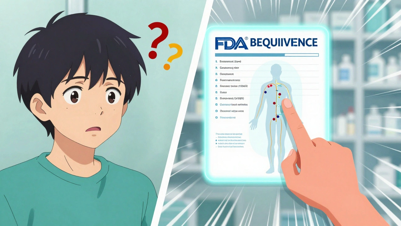 A confused person comparing pills next to a pharmacist explaining bioequivalence with a glowing chart.