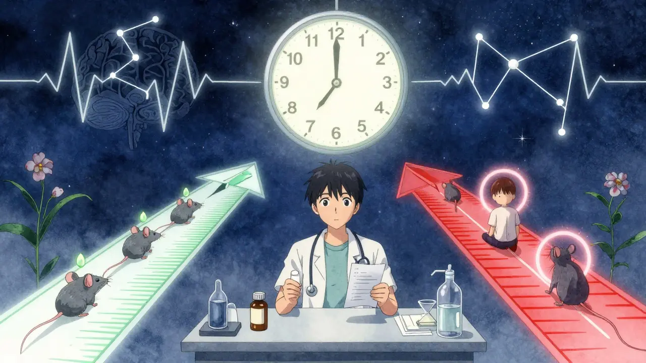 A countdown clock above a lab table with opposing paths of animal and human responses to evening primrose oil.