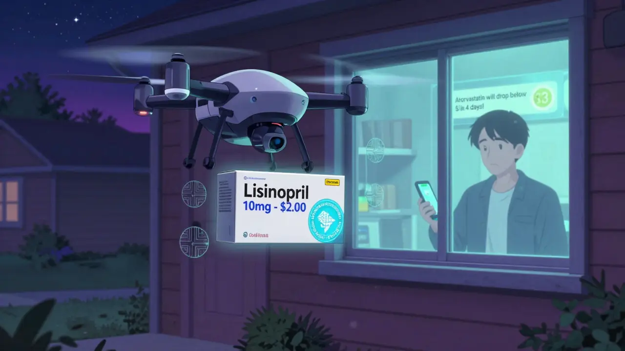 A delivery drone drops verified generic medication to a home with a price alert glowing on a smartphone.
