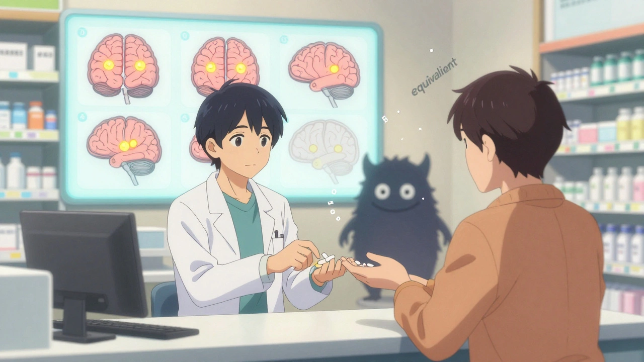 A doctor handing a generic pill to a patient while an animated educational video hovers above, symbolizing trust and understanding.