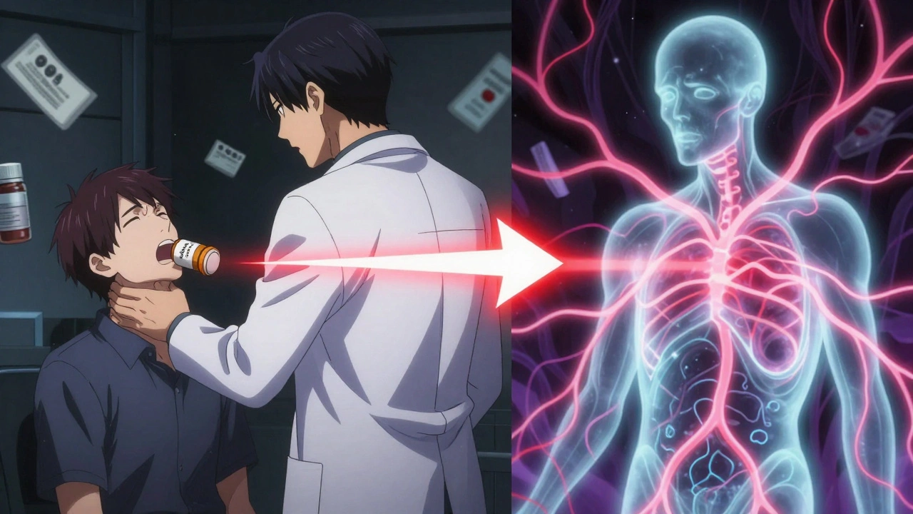 A doctor turning away as a patient suffers hiccups, with symbolic drug labels and pulsing nerve pathways in the background.