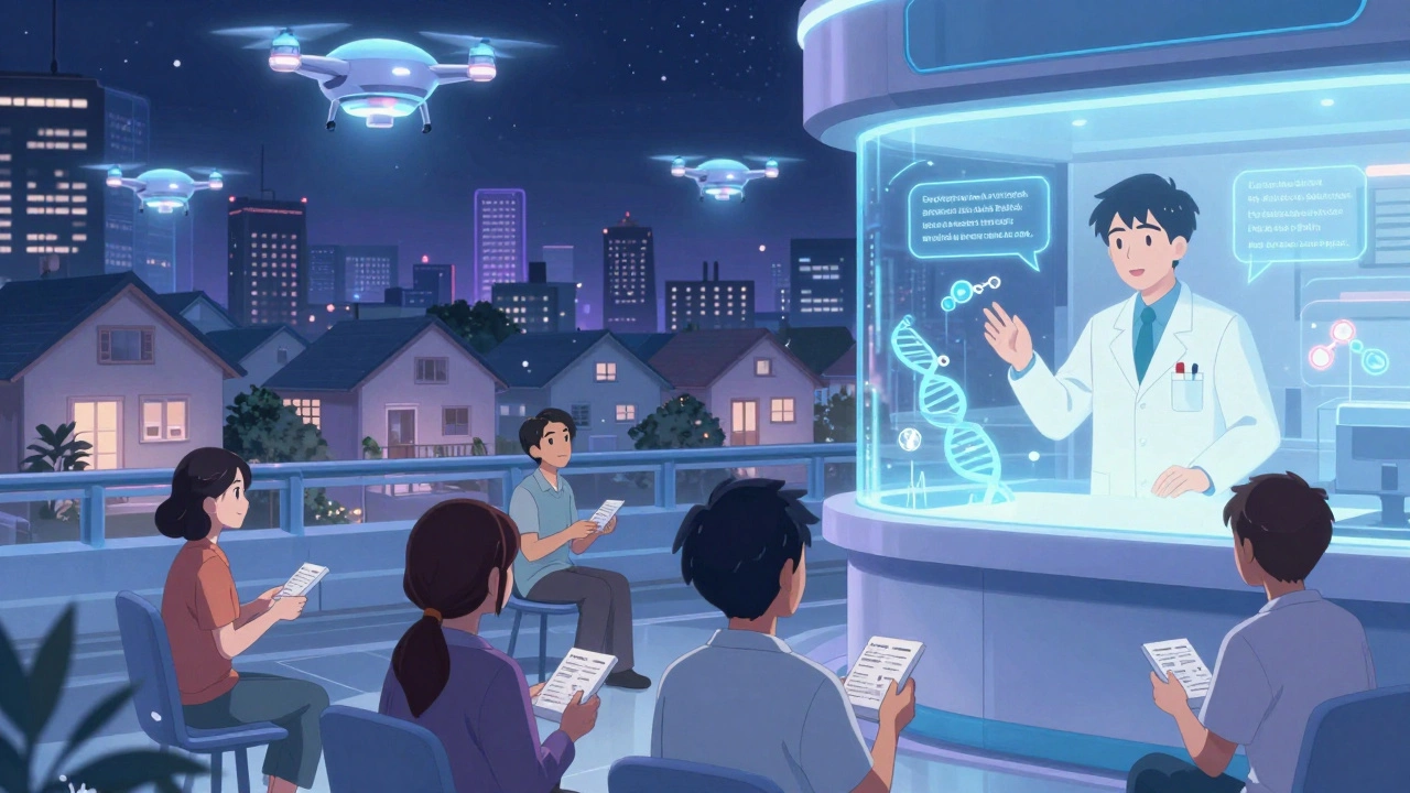 A futuristic pharmacy delivery hub with drones and holographic pharmacists advising patients at night.
