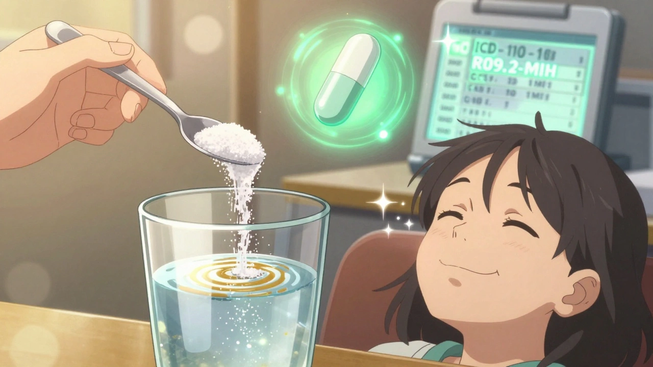 A hand dropping sugar into water, with a glowing future medication pill and medical code shining in the background.