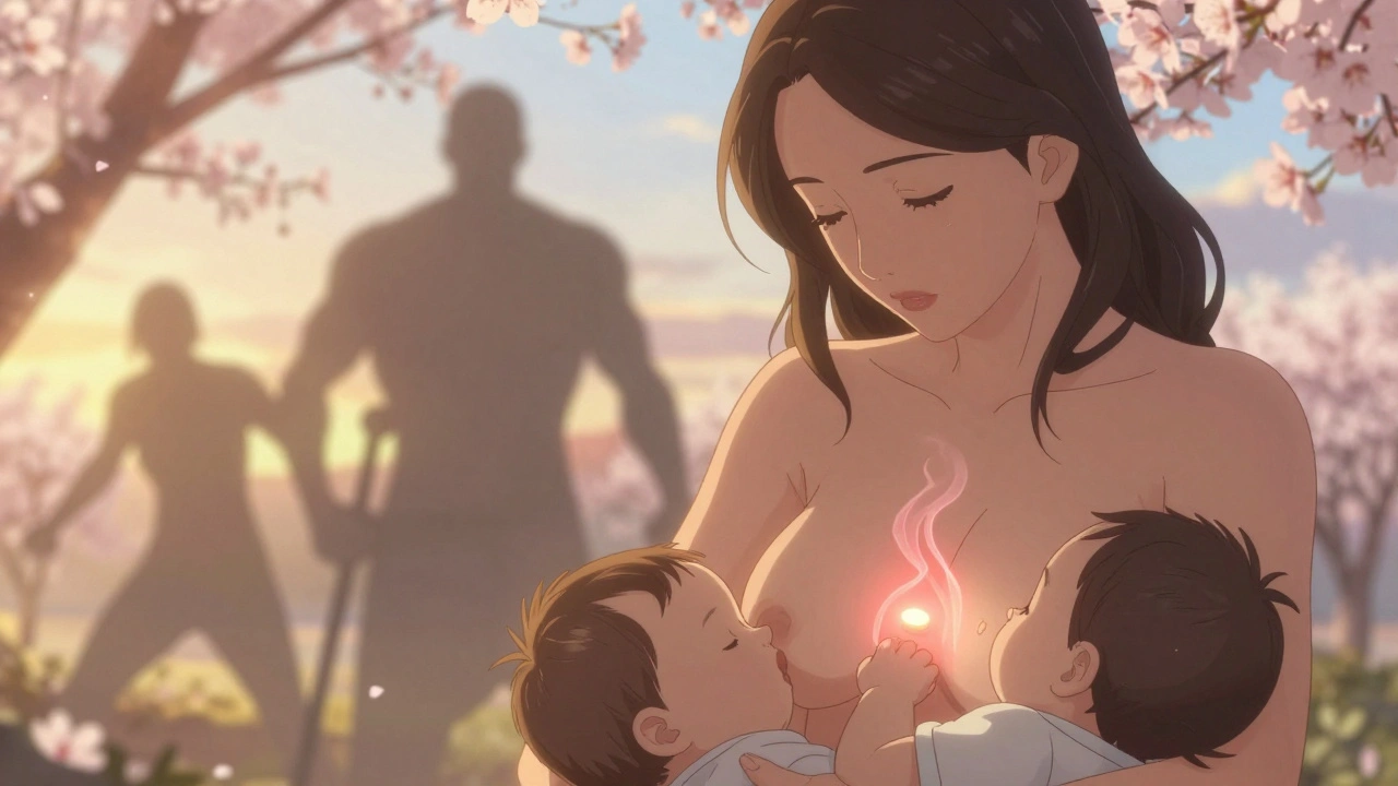 A mother breastfeeding as a healing light flows into her chest, symbolizing thyroid recovery after treatment.