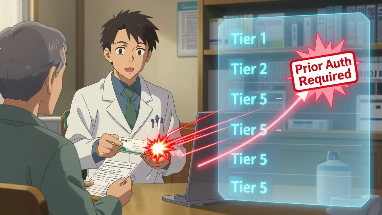 A pharmacist giving a prescription while a drug's cost tier shifts from low to high with warning signs.