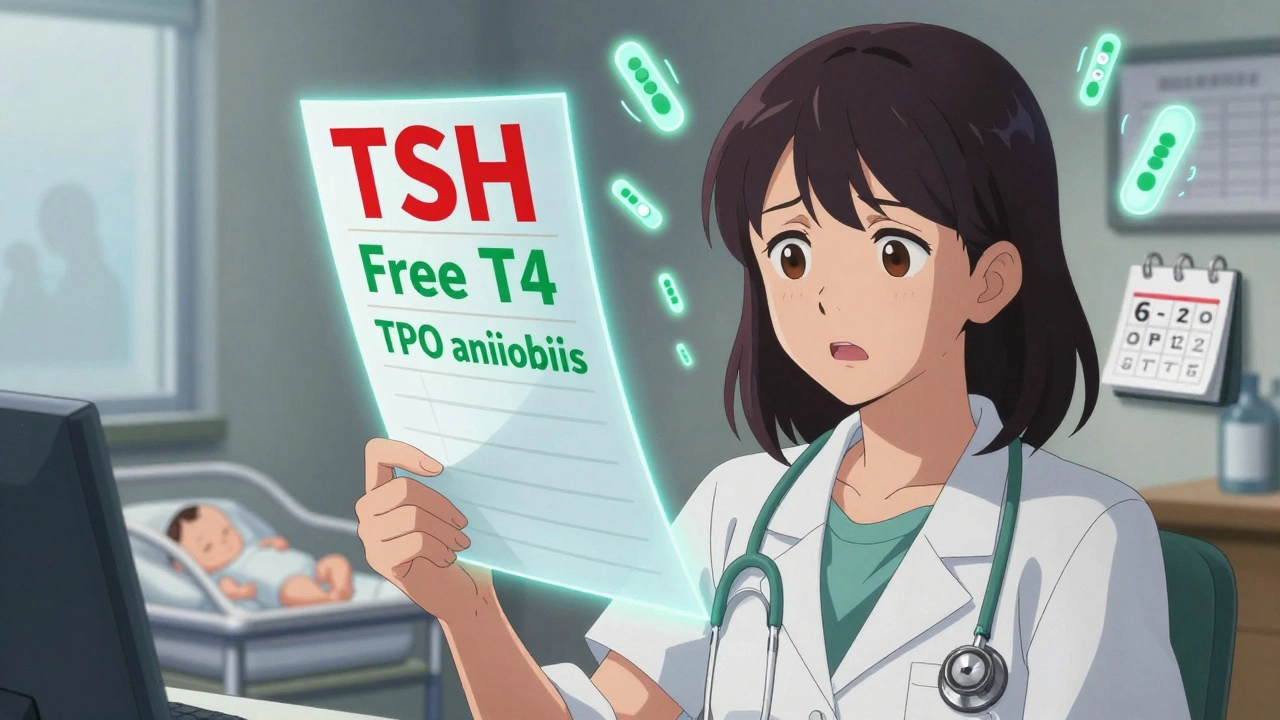 A woman holding a blood test report with floating hormone levels and antibody symbols in a doctor's office.