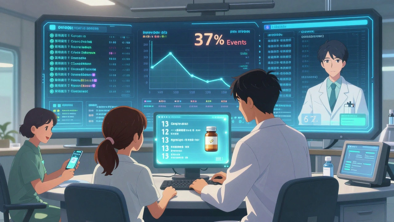 AI system processing medication messages with lot numbers and auto-refill approvals on digital screen.