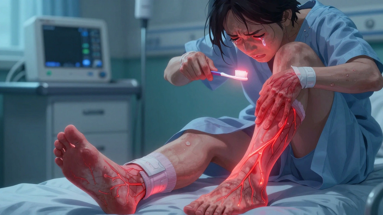 Chemotherapy patient with red, blistered hands and feet struggling to hold a toothbrush.