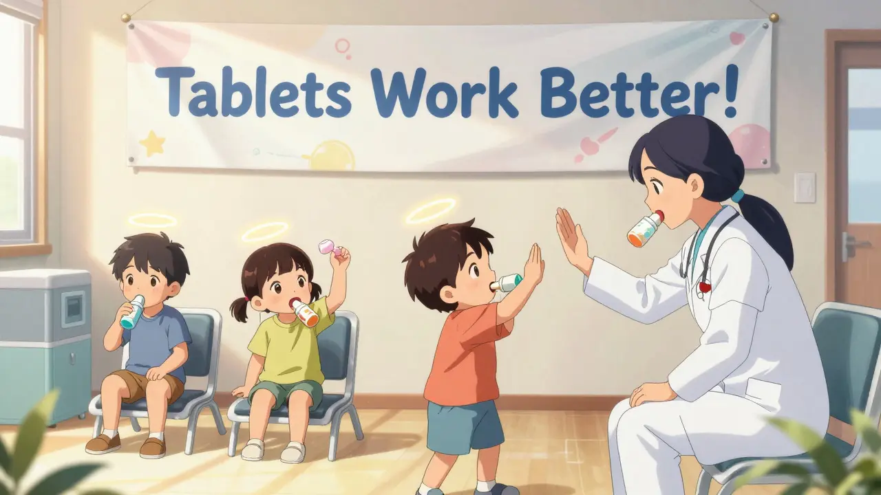 Children in a clinic successfully swallowing tablets with smiles and nurse encouragement.
