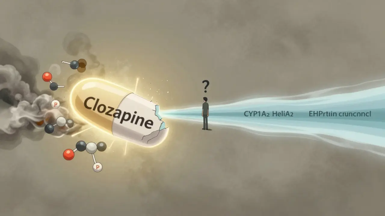 Clozapine pill caught between tobacco smoke and clean air, symbolizing enzyme interaction.