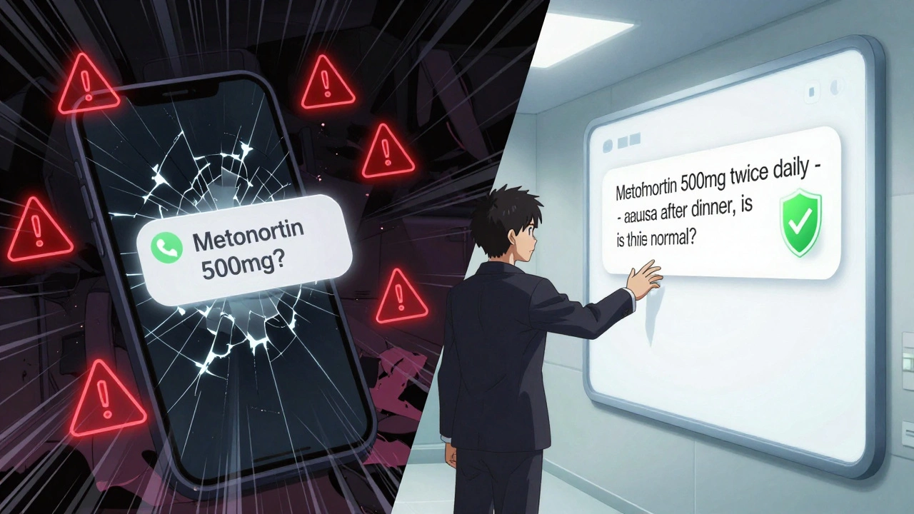 Contrasting scenes: unsafe text message vs secure health portal with warning and shield icons.