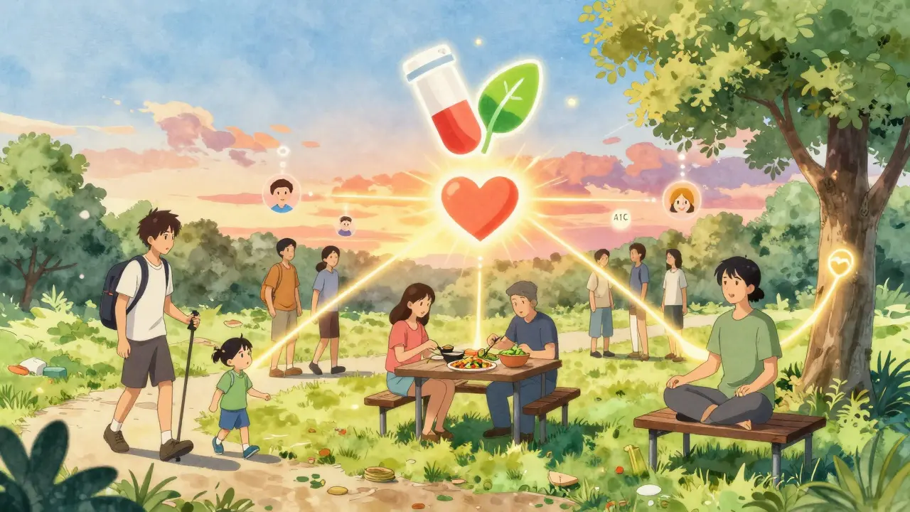 Diverse group in a park connected by golden threads to a central heart, symbolizing combined health benefits.