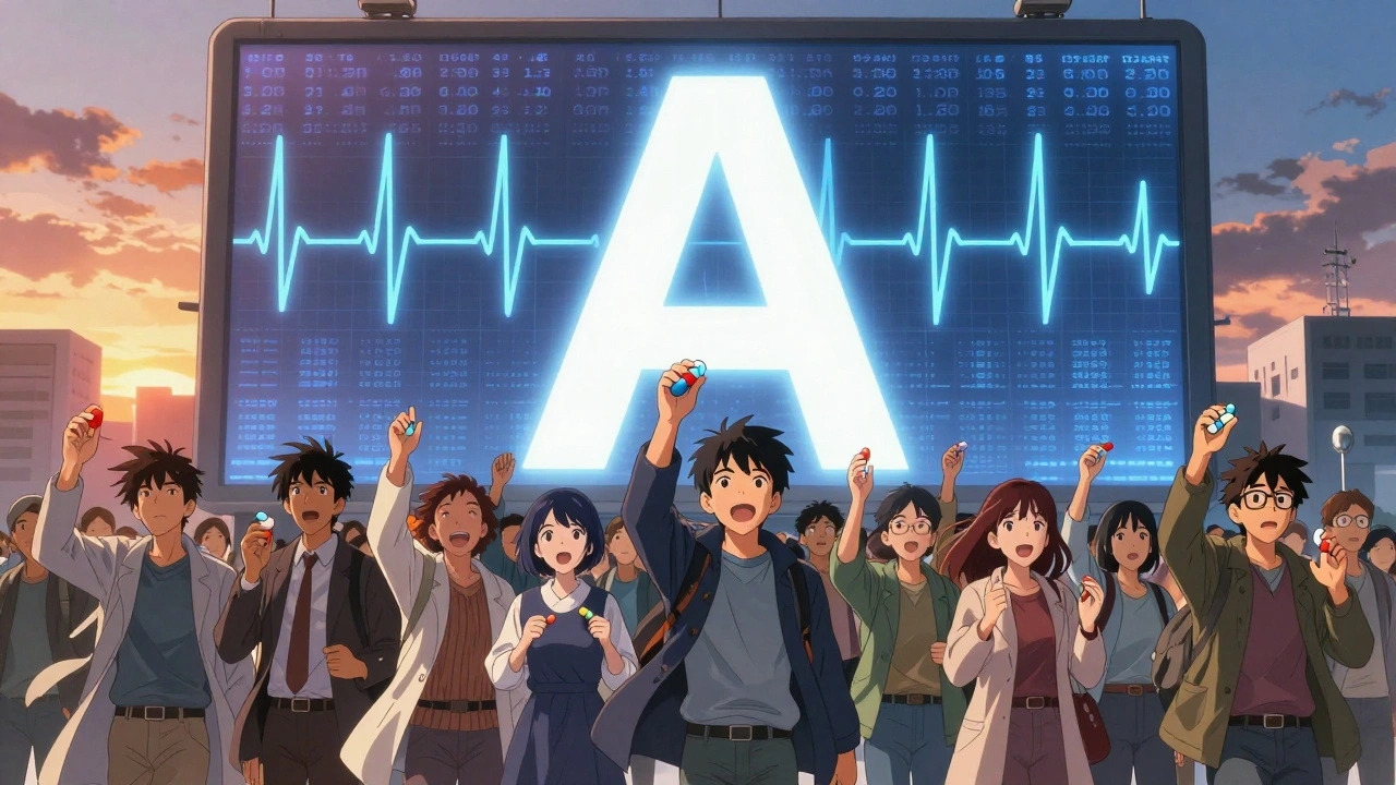 Diverse group of patients standing under a glowing FDA &#039;A&#039; rating symbol, with millions of syncing heartbeats in the background.