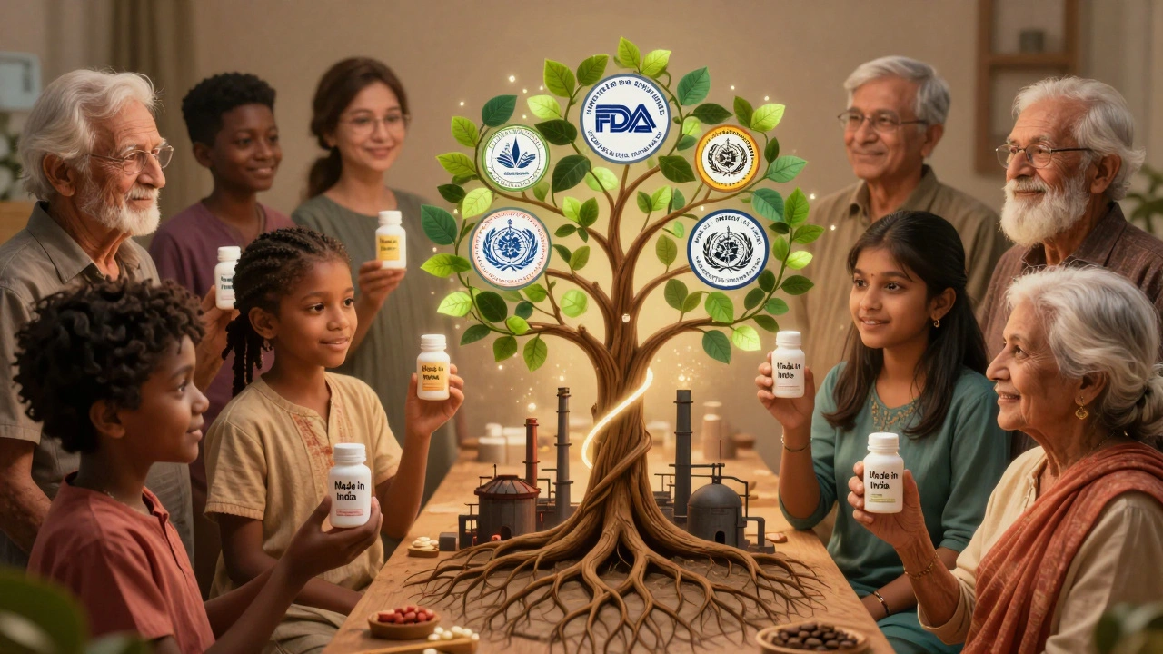 Diverse patients connected by medicinal vines to a factory-rooted tree with global health seals on its leaves.