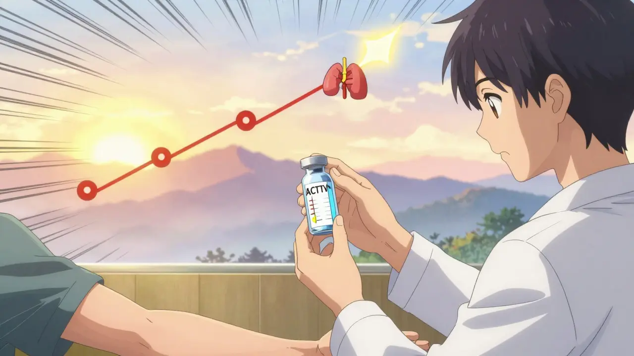 Doctor administering ACTH test as cortisol levels rise on a glowing graph, symbolizing recovery from opioid-induced adrenal suppression.