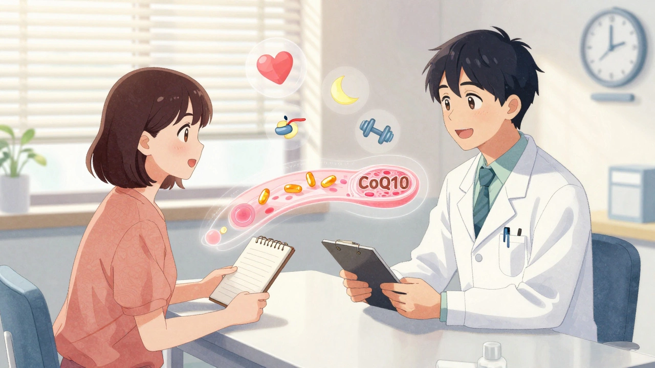 Doctor and patient discussing statin side effects, with transparent muscle cells showing restored CoQ10 energy flow.