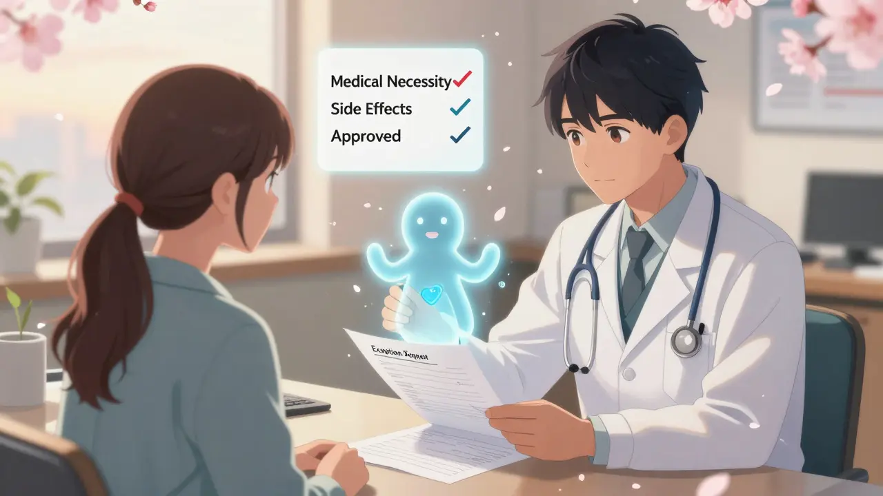 Doctor and patient sharing approval of formulary exception with glowing medication spirit.