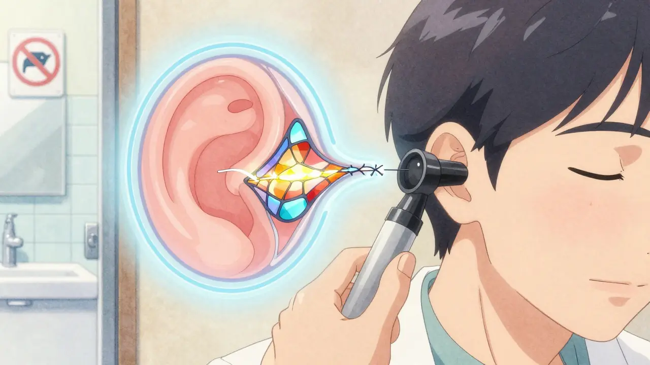 Doctor examining ear with animated healing eardrum overlay in soft pastel room setting.
