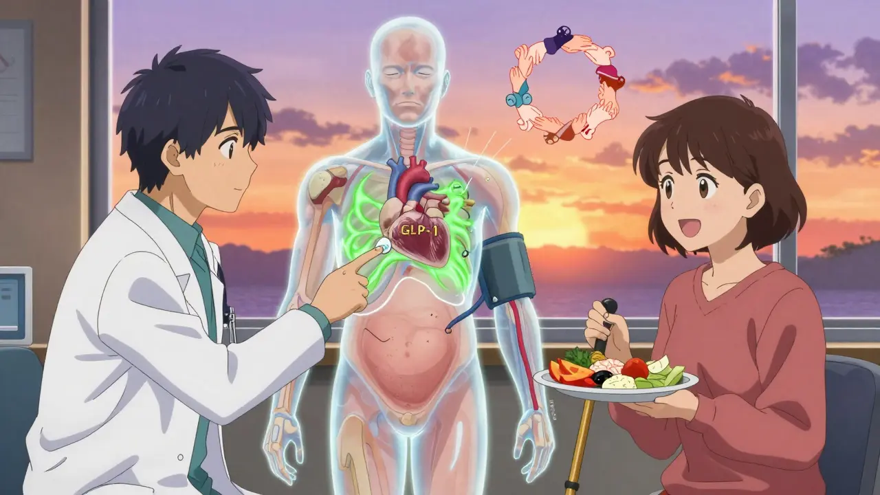 Doctor explains GLP-1 medication effects on a transparent torso while patient holds healthy food.